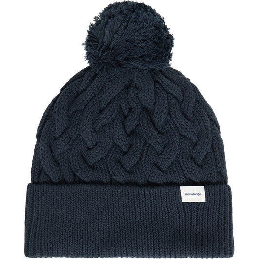 Bommelmütze dunkelblau unisec Knowledge Cotton Apparel Strickmütze aus GOTS Zertifizierter Baumwolle
