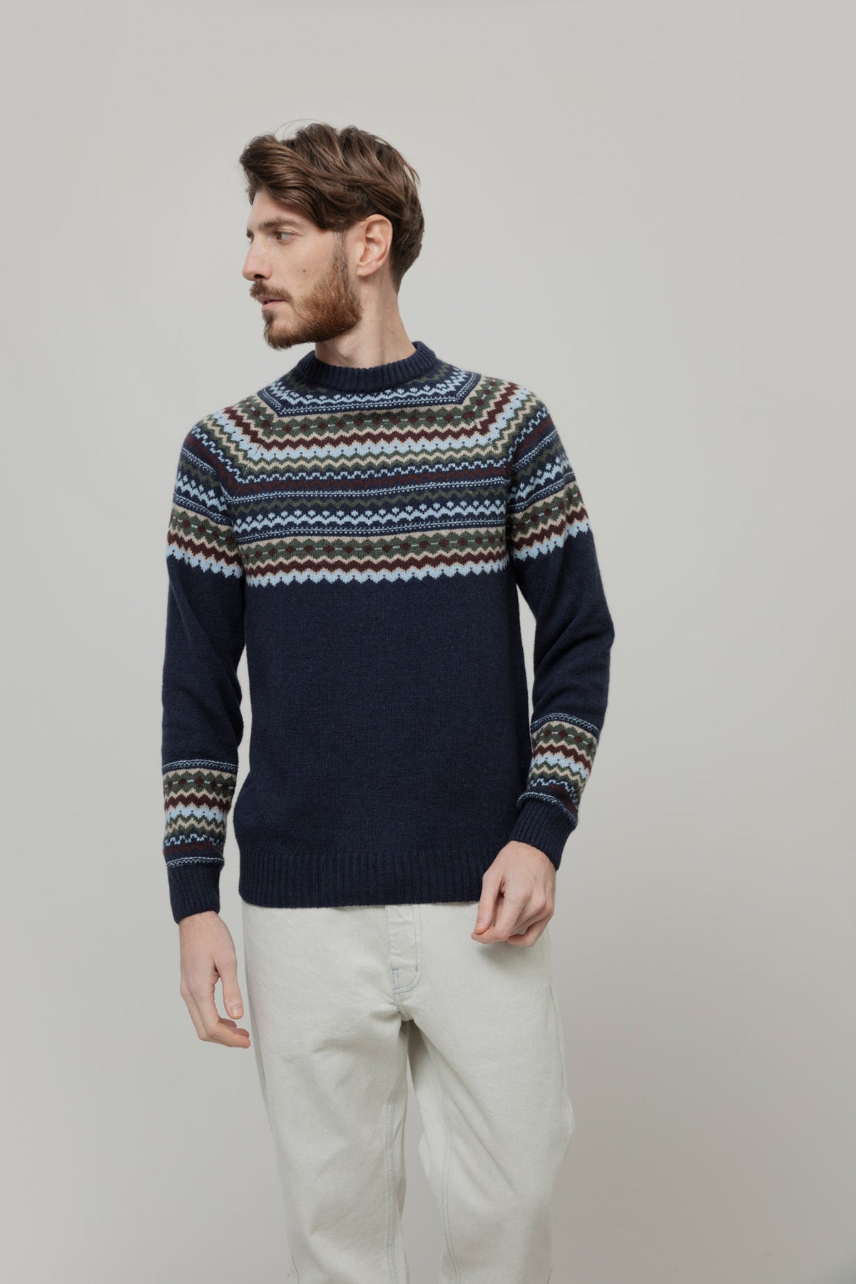 Rifo Armando Pulli mit Jacquardmuster dunkelblau aus recycelter GRS zertifizierter Wolle