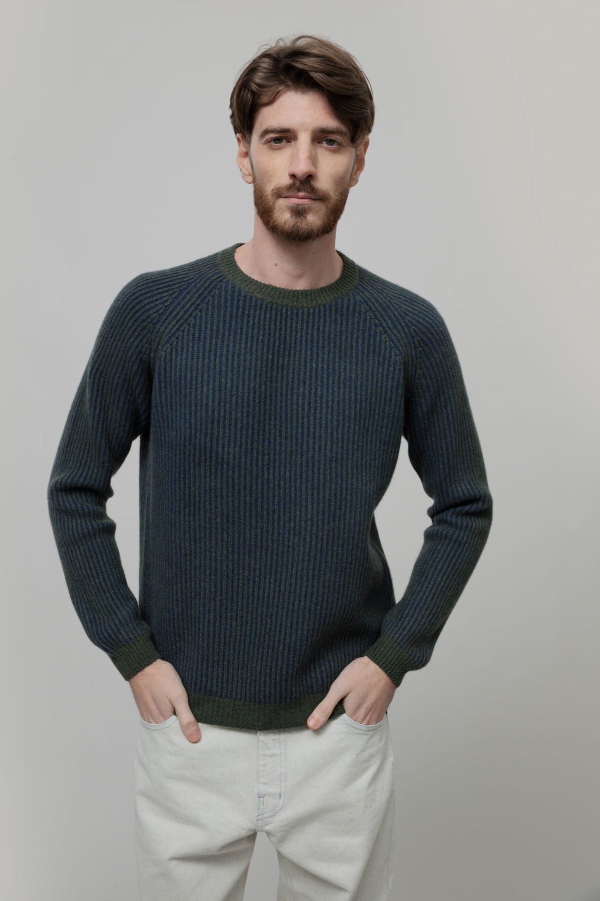 Rifo Amedeo Pullover grün/blau gestreift aus recycelter GRS zertifiziert Kaschmirwolle