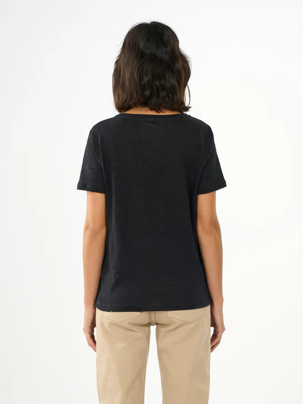 schwarzes Leinen T-Shirt mit Rundhalsausschnitt